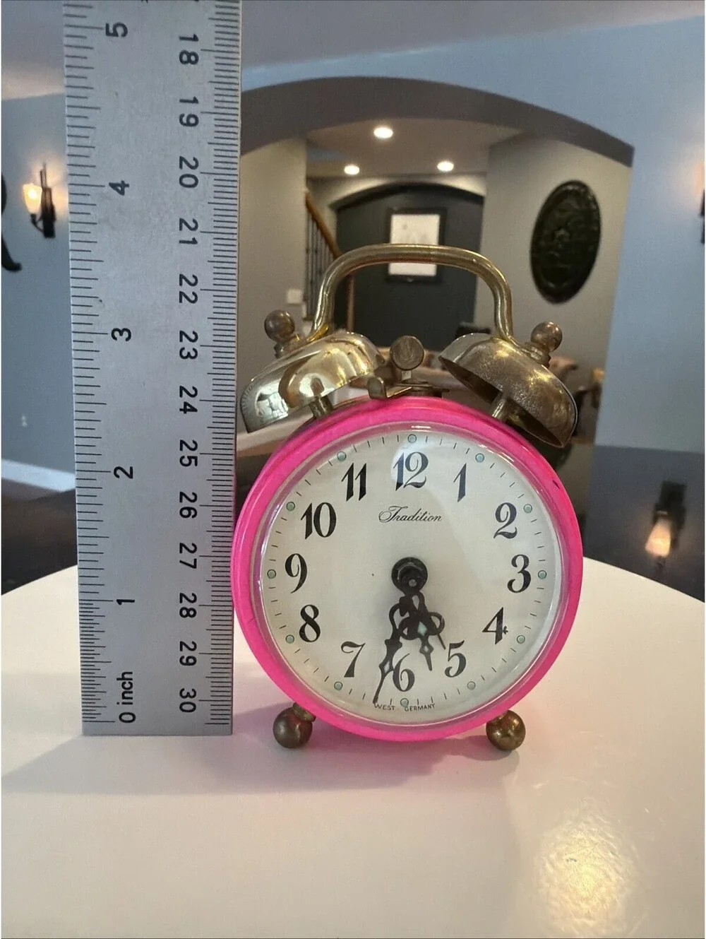 Vtg Tradition West Germany Pink Wind Up Alarm Clock Twin Brass Bells Works